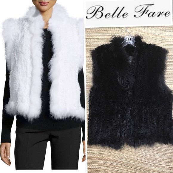 BELLE FARE COPENHAGEN KNIT REAL REX FUR VEST WITH RACCOON TRIM IN BLACK Size S - Picture 2 of 11